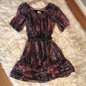 Purple Print Mini Dress With Removable Belt